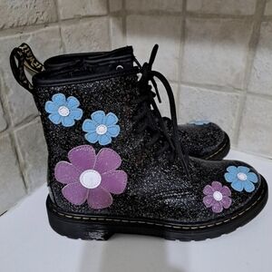 Dr. Martens Black Glitter Combat Boots with Floral Design Size 6